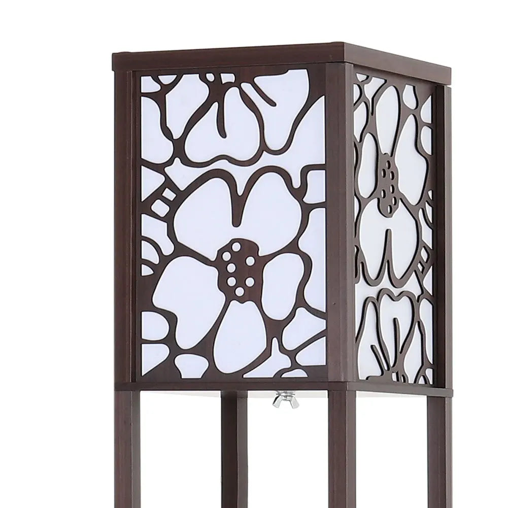 3 in 1 Wooden and Linen Floor Lamp with Shelves,Walnut Flower