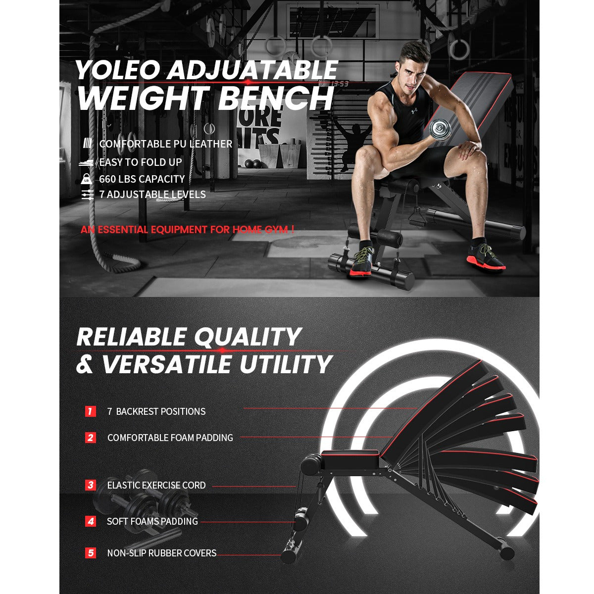 Adjustable Weight Bench - Utility Weight Benches for Full Body Workout, Foldable Flat/ Incline/ Decline FID Bench Press for Home Gym