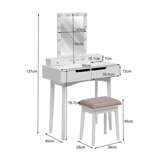 Modern Vanity Makeup Table and Cushioned Stool Set with 4 Drawers, White