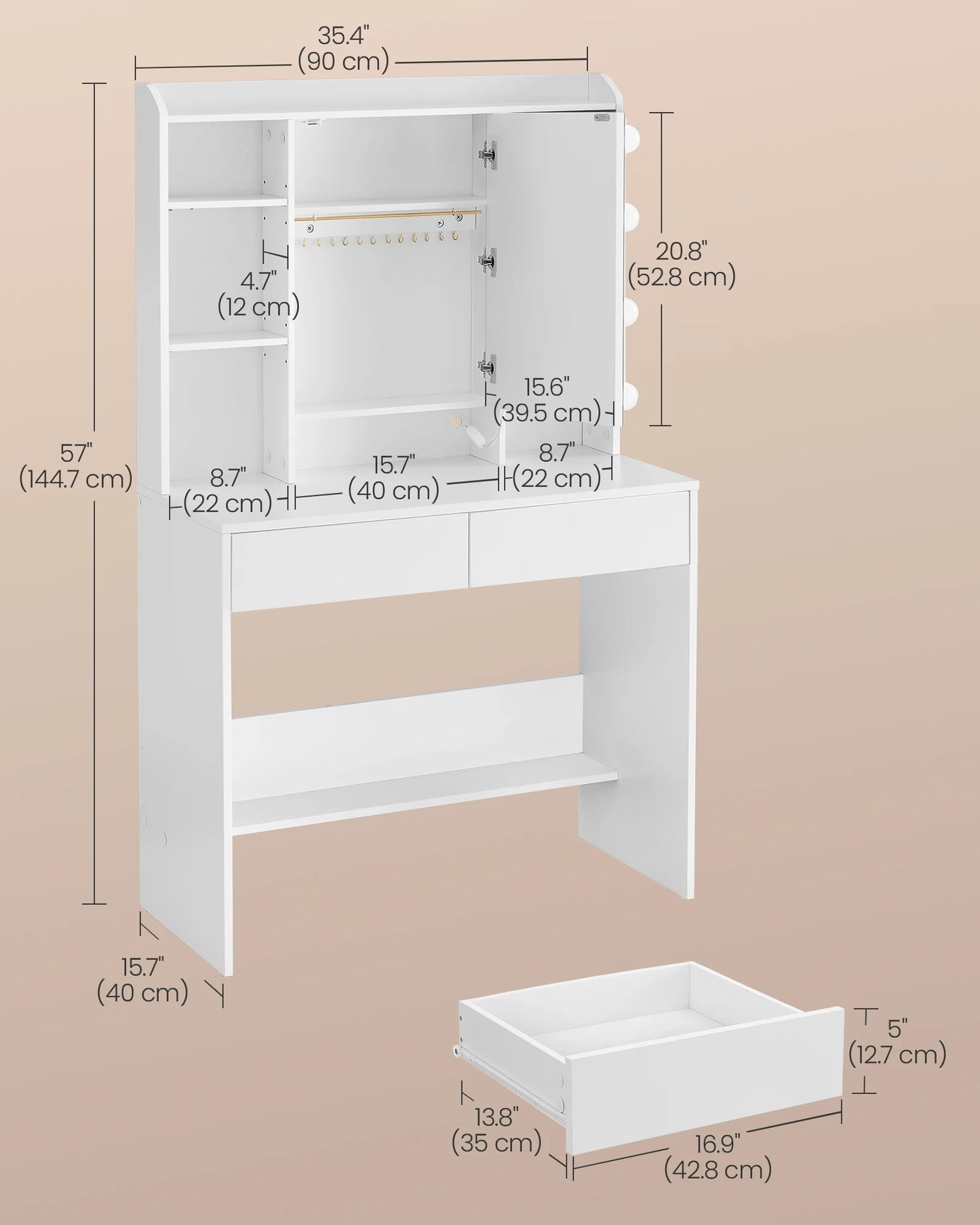 Dressing Table with LED Lights, 9 Bulbs, 3 Light Colours, Adjustable Brightness, Vanity Desk with Mirror,2 Drawers