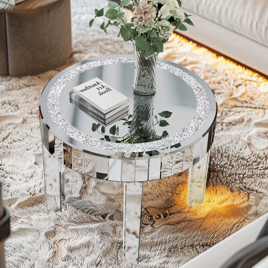 Luxury Modern round Mirrored Accent Side Table with Crystal Diamonds Inlay for Bedside Table