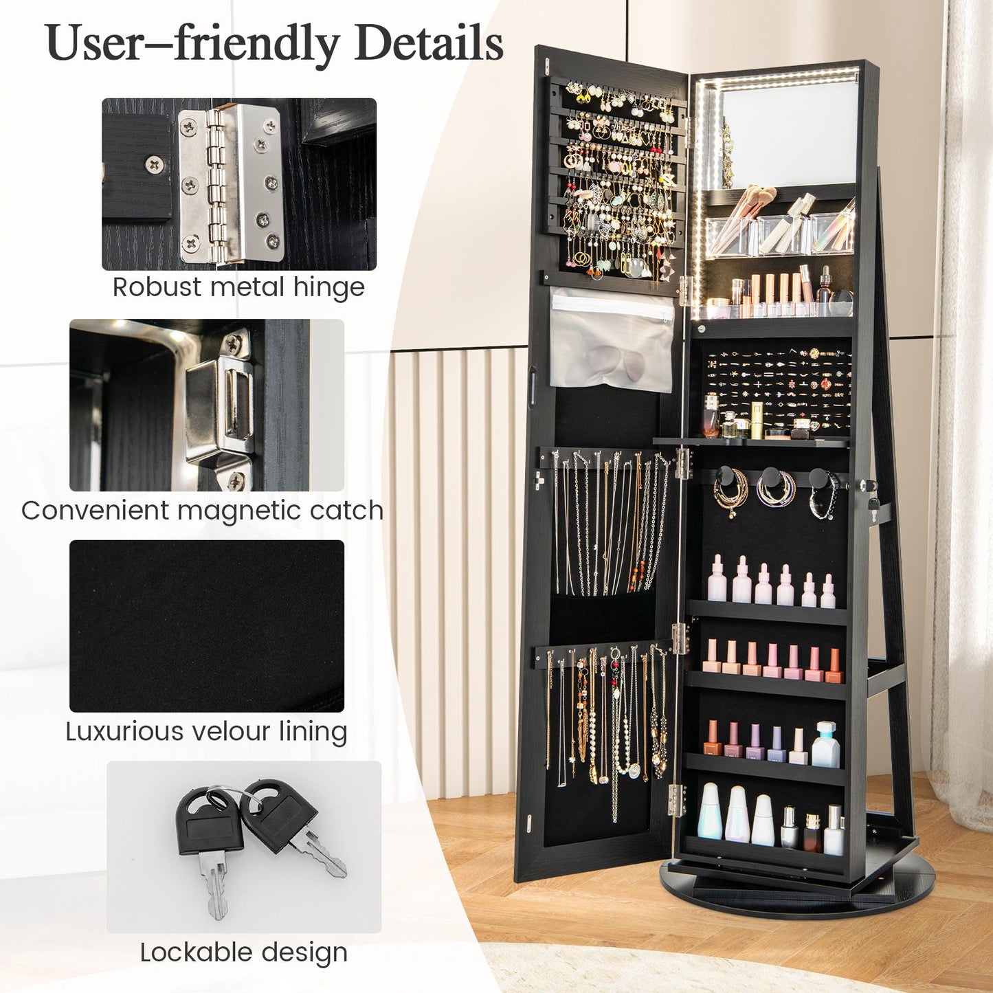 360-Degree Mirrored Jewelry Armoire with 3-Color Auto-On LED Lights