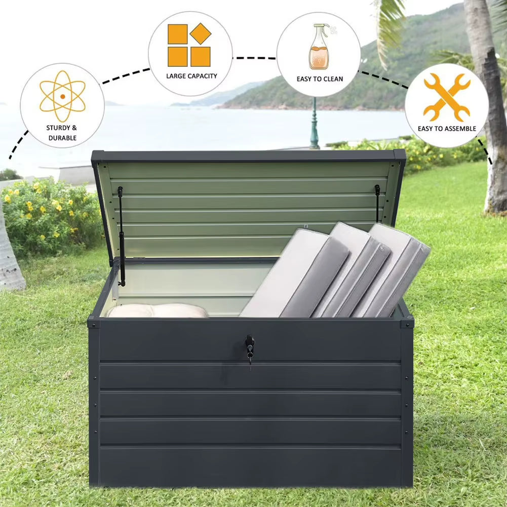 Large Capacity Galvanized Steel Lockable Garden Storage Box, Weatherproof Outdoor Tool Cabinet with Secure Lock