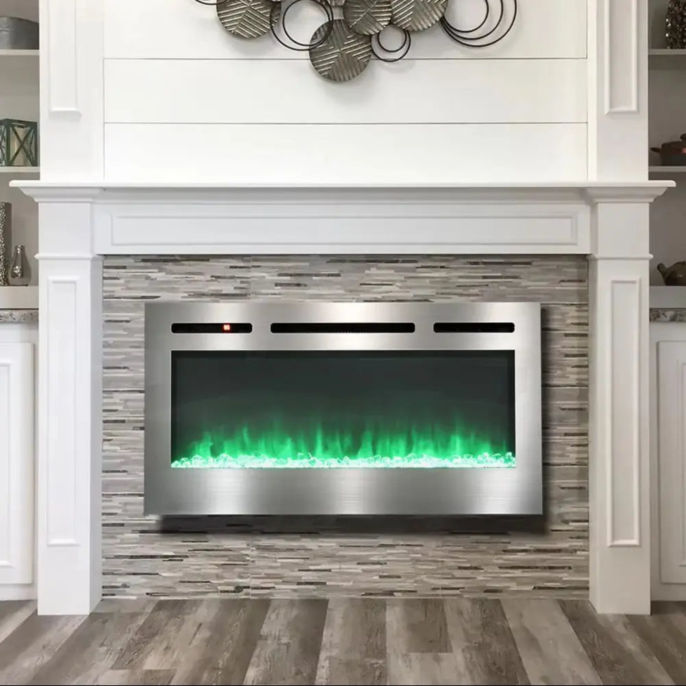 LED Electric Wall Mounted Fireplace Recessed Fire Heater 12 Flames with Remote, Silver 60Inch