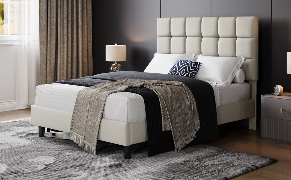 Upholstered Bed Frame, Modern Platform Bed Frame with Strong Wooden Slats Support and Square Tufted Headboard Height Adjustable