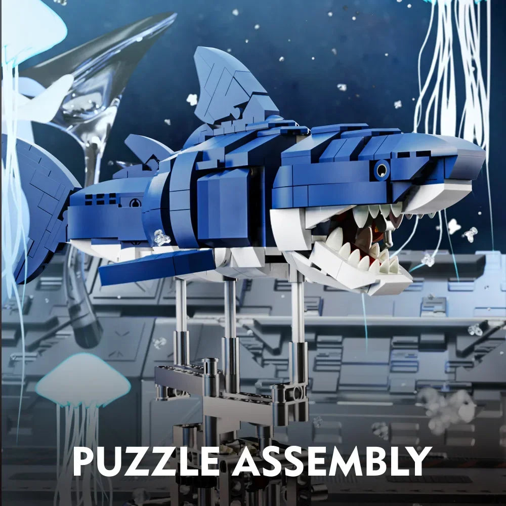 MOC Mechanical Shark Building Blocks Set - Stunning Sea Life Model with Display Stand and Lights - Perfect Gift for Kids and Adults!