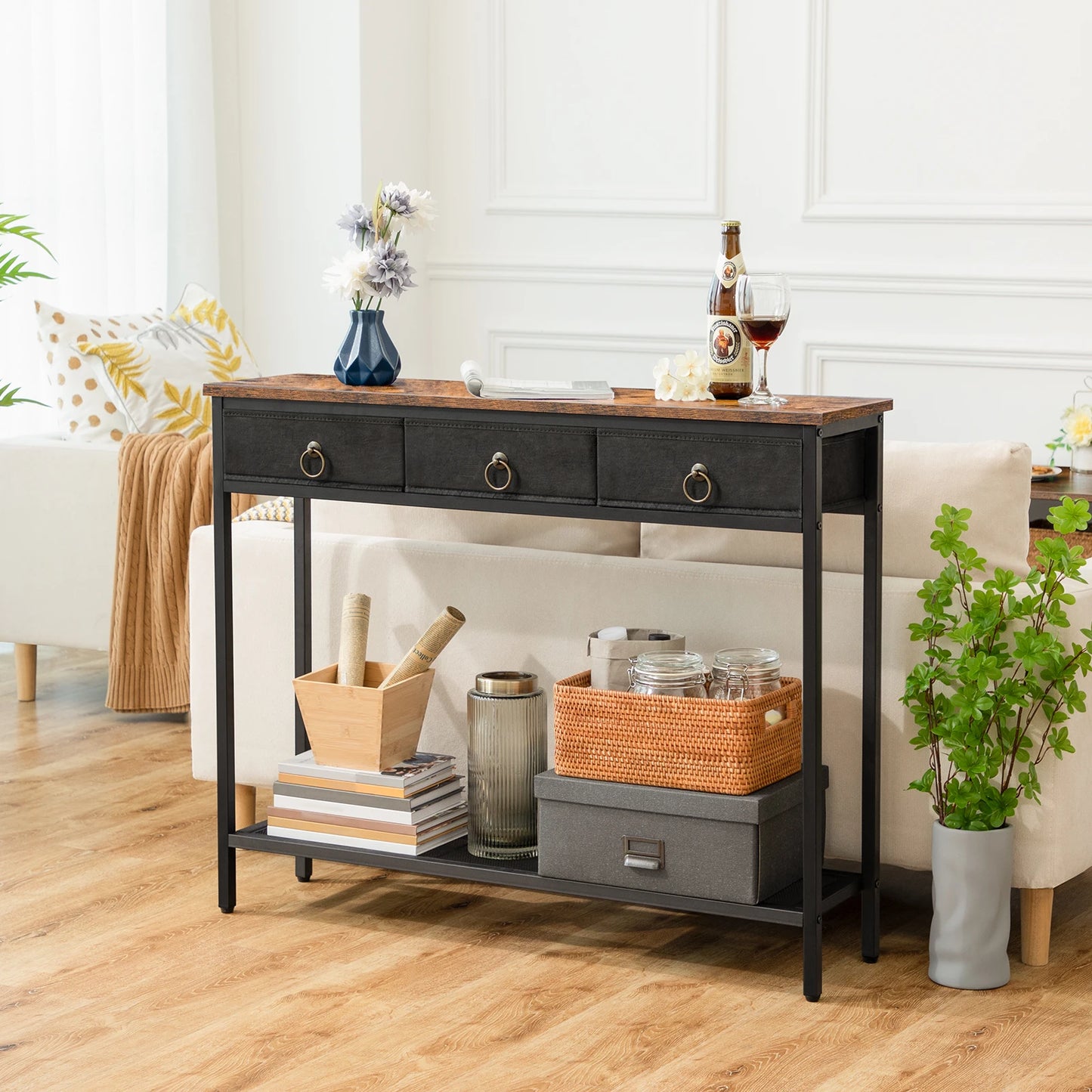 Stylish HOOBRO Narrow Console Table with 2 Drawers & Shelves - Perfect for Entryway, Living Room & Hallway