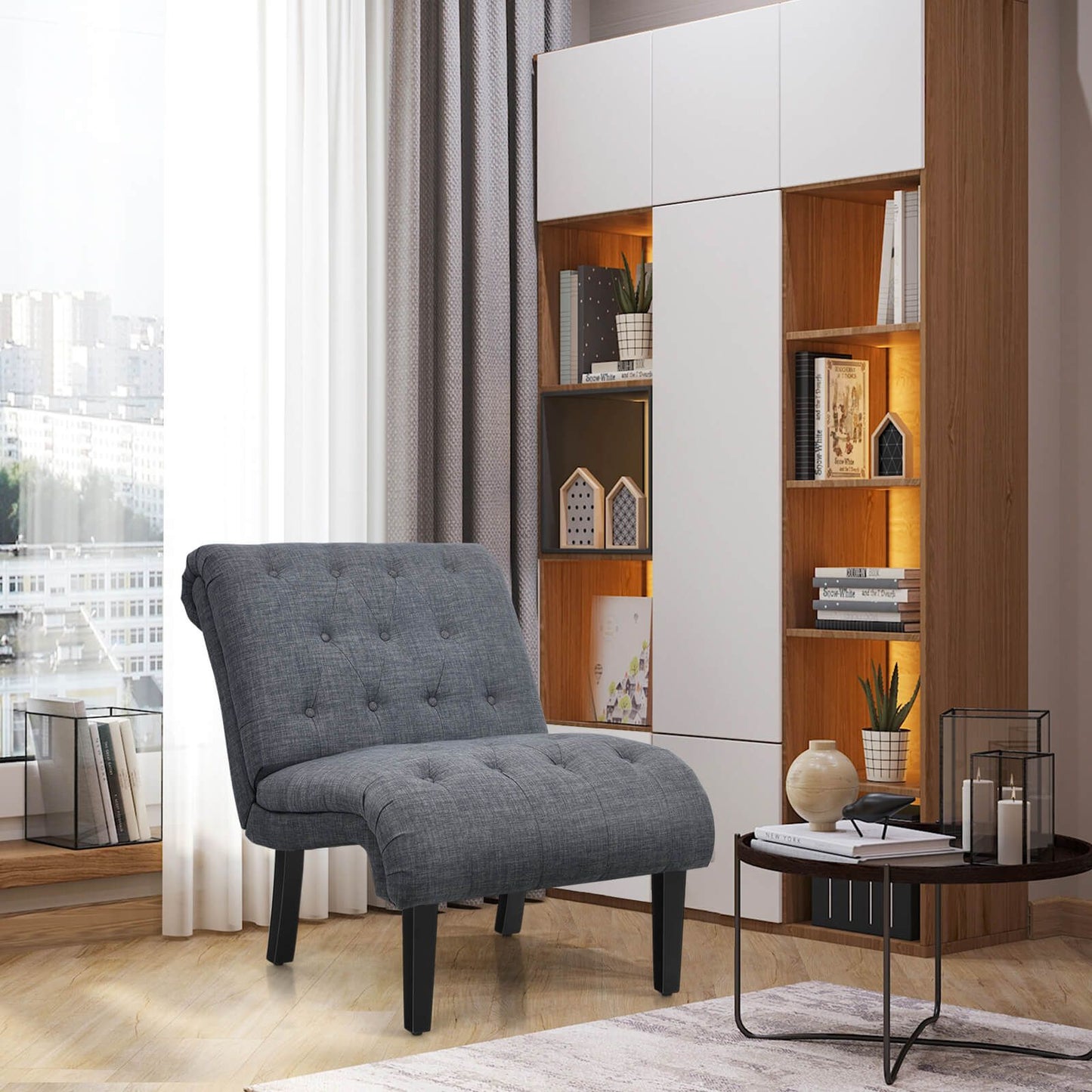 Modern Upholstered Accent Chair with Button Tufted Linen Fabric