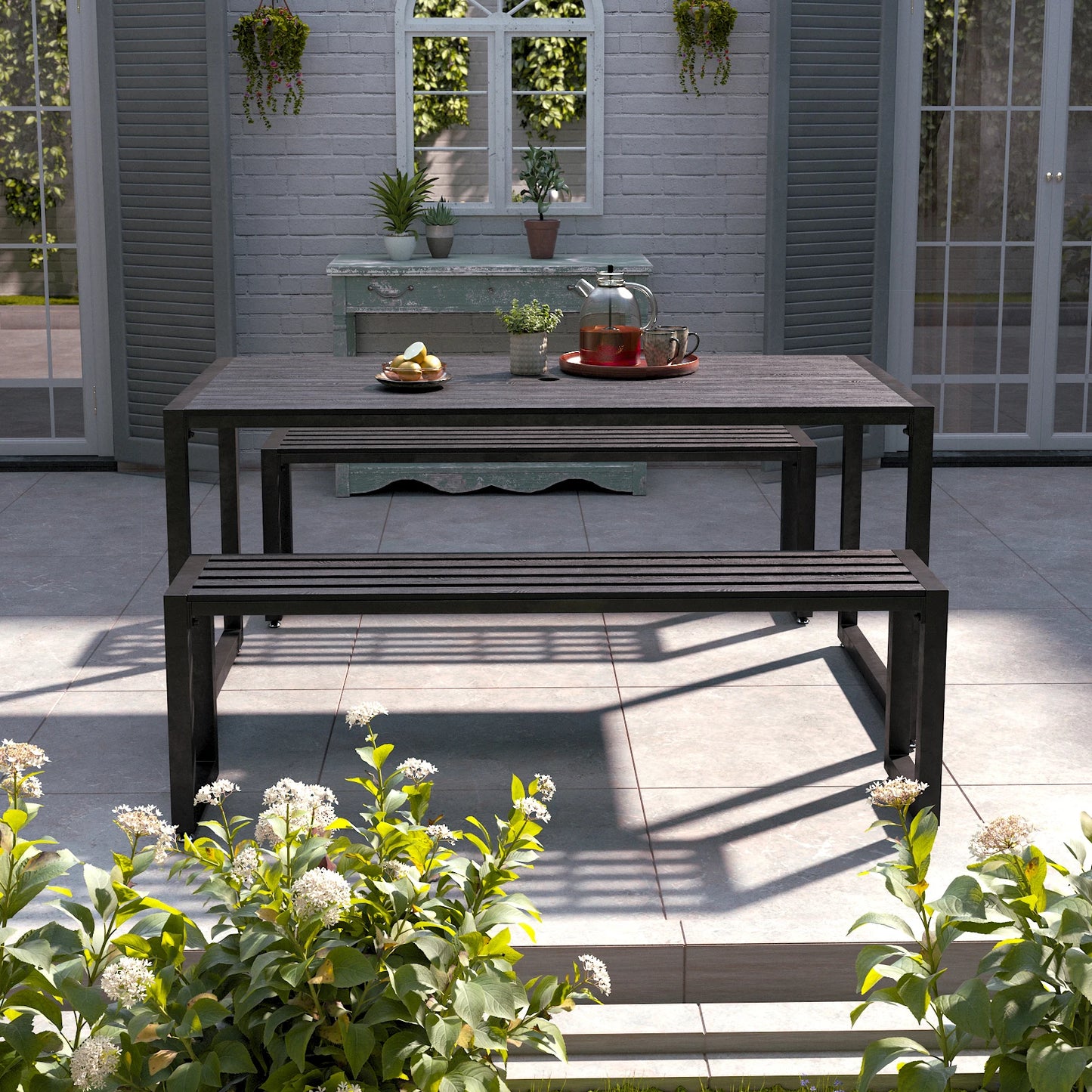 Outdoor Wooden and Metallic Dining Table with Parasol Hole and Benches Set