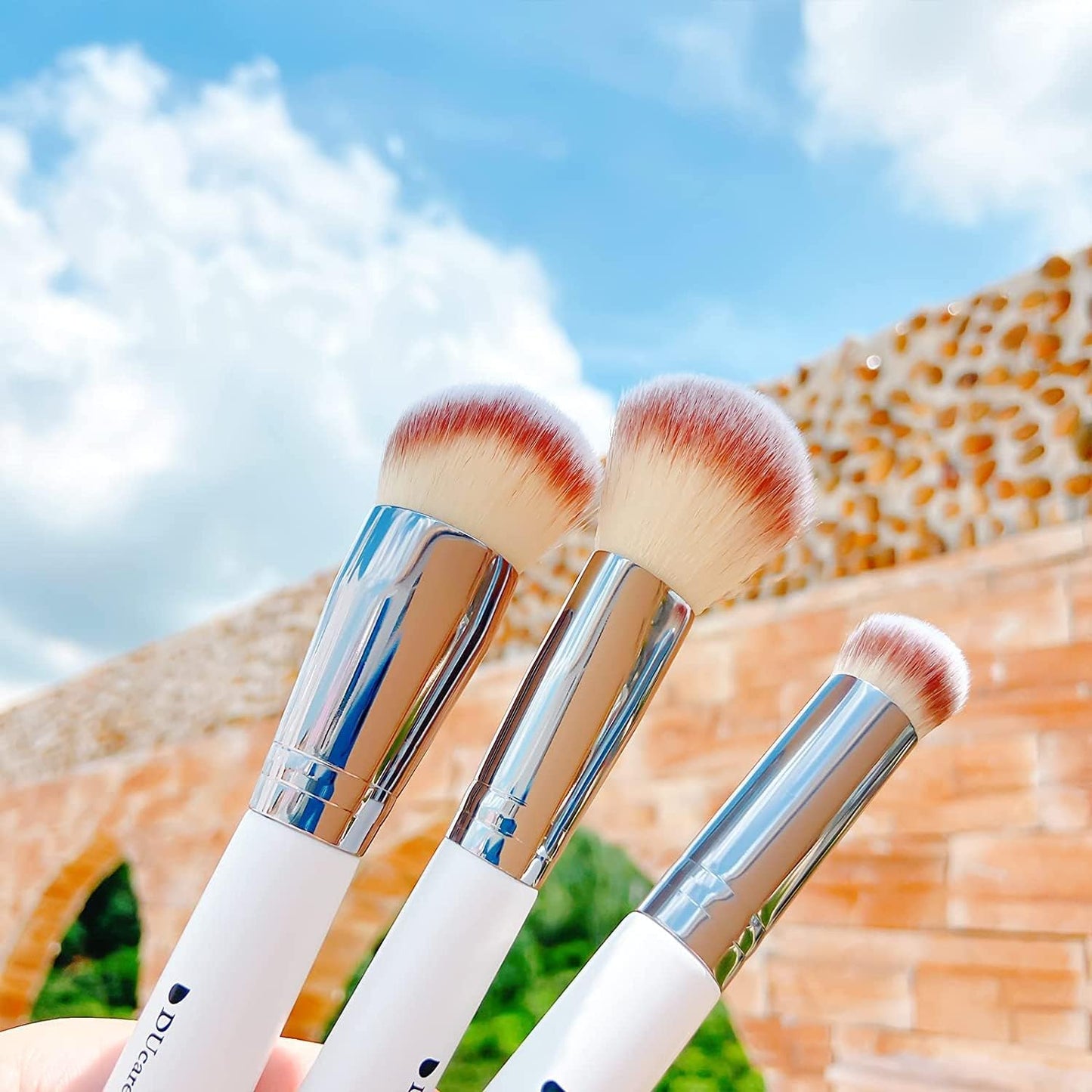 Essential Travel Makeup Brush Set - 3 Pcs Kabuki, Powder, and Concealer Brushes for Flawless Application - White
