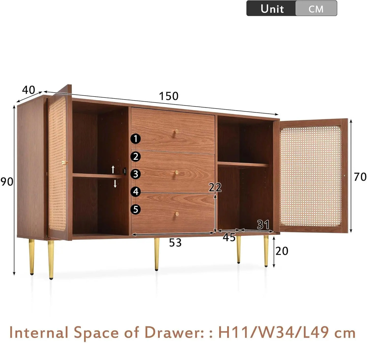 Stylish Walnut Rattan Sideboard Cabinet with 2 Doors, 3 Drawers, and Adjustable Shelf - Perfect for Your Living Room!