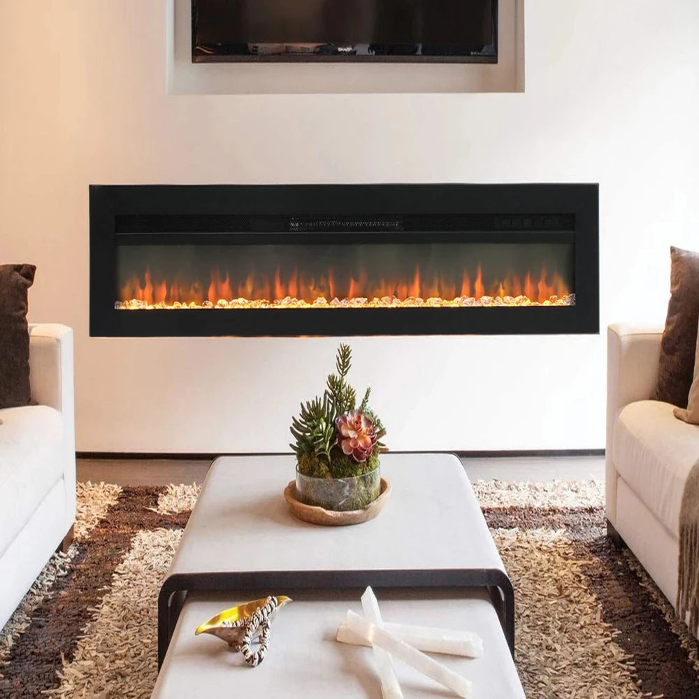 Stunning 70-Inch Black LED Electric Wall Fireplace with 9 Vibrant Flame Colors and Versatile Freestanding Legs