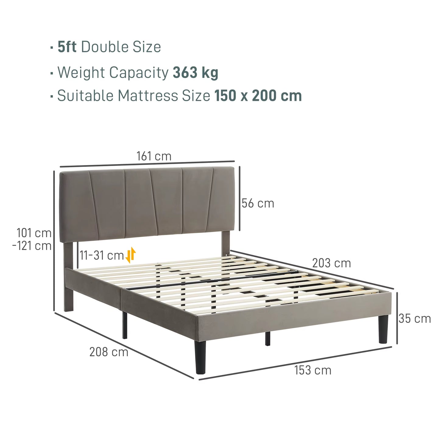 King Size Bed Frame with 5-Level Adjustable Headboard Wooden Slats