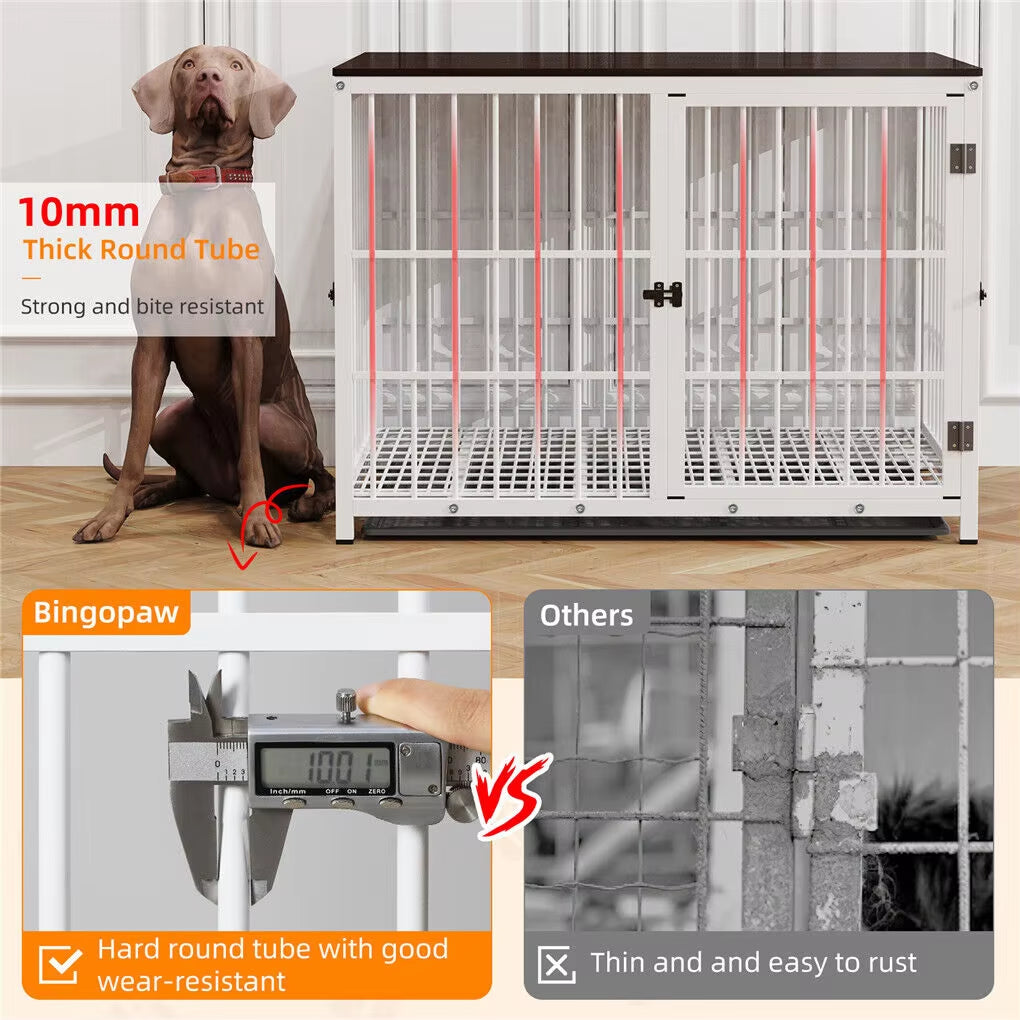Stylish Heavy-Duty Metal & Wood Dog Kennel End Table with Three Doors and Removable Tray
