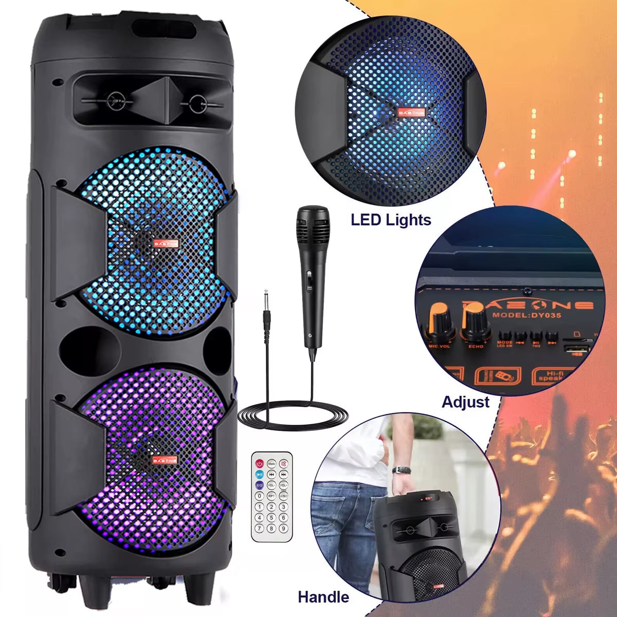 Ultimate Portable Dual 8-Inch Woofer Wireless Speaker System with LED Lights, Microphone, and Powerful Bass - Rechargeable and Ready to Rock!