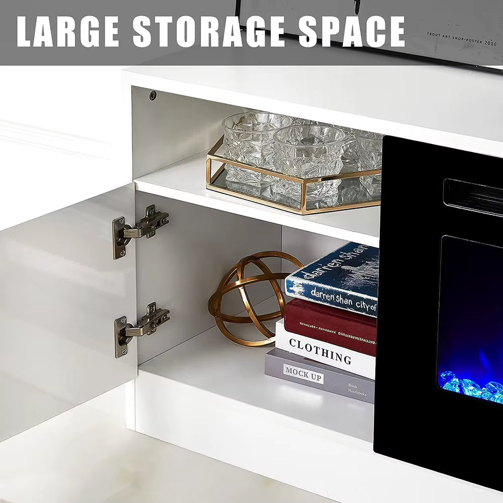 Modern Electric Fireplace TV Stand 178Cm White with Adjustable Flame, Remote and Storage