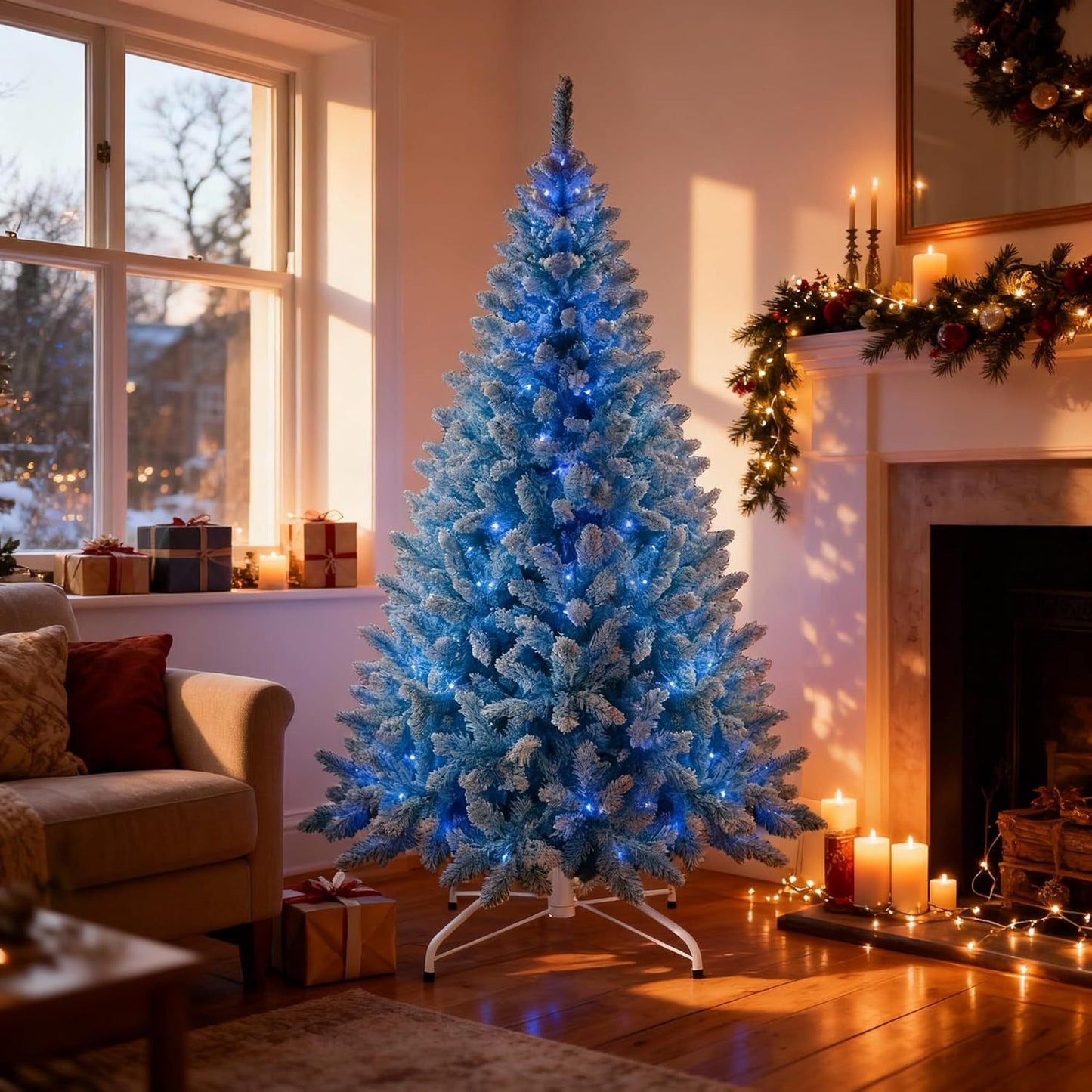 4Ft-8Ft Christmas Tree Prelit Flocked Blue LED Lights Multifunction, Snow Dusted Artificial Pine Foldable Metal Stand Tips Hinged Branches