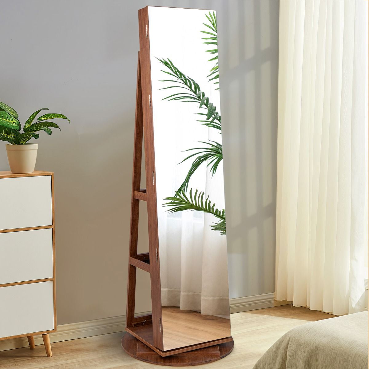 360-Degree Mirrored Jewelry Armoire with 3-Color Auto-On LED Lights