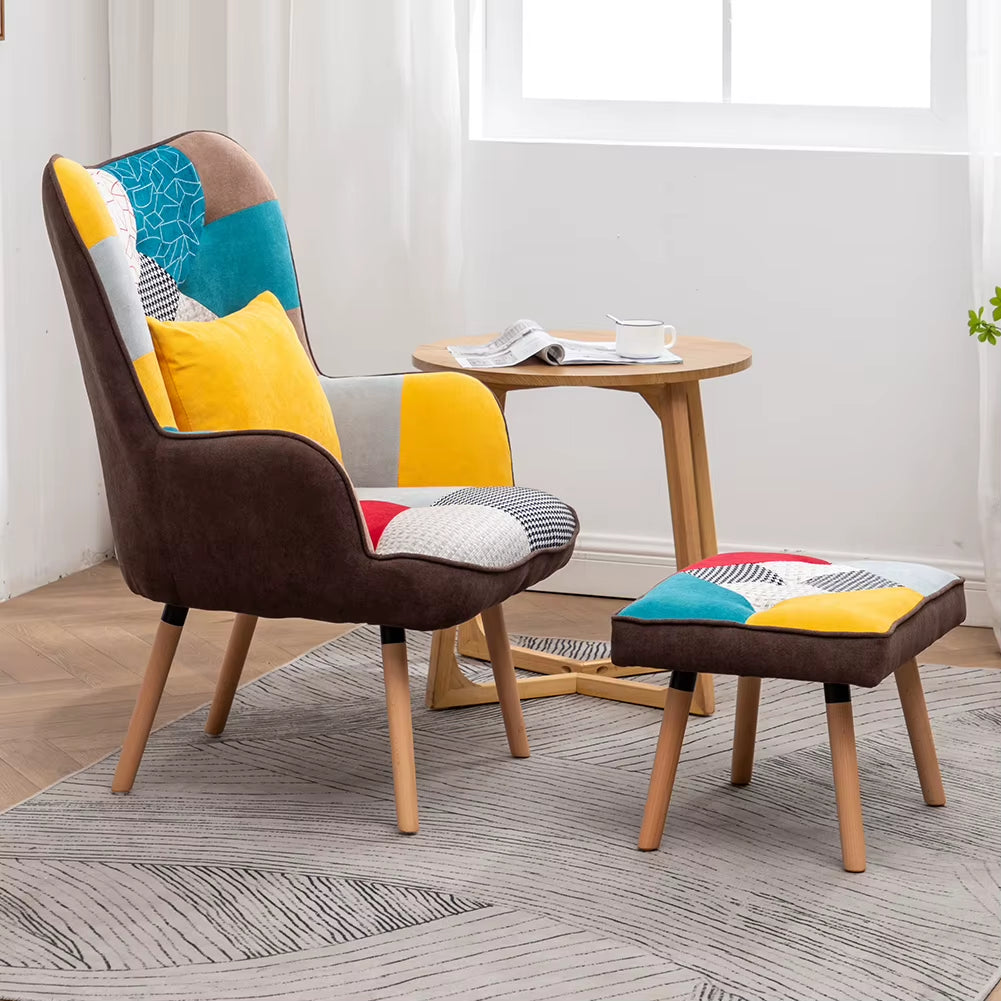 Linen Tufted Back Armchair Multicoloured Velvet Upholstered Wingback Armchair with Footrest and Plush Cushion