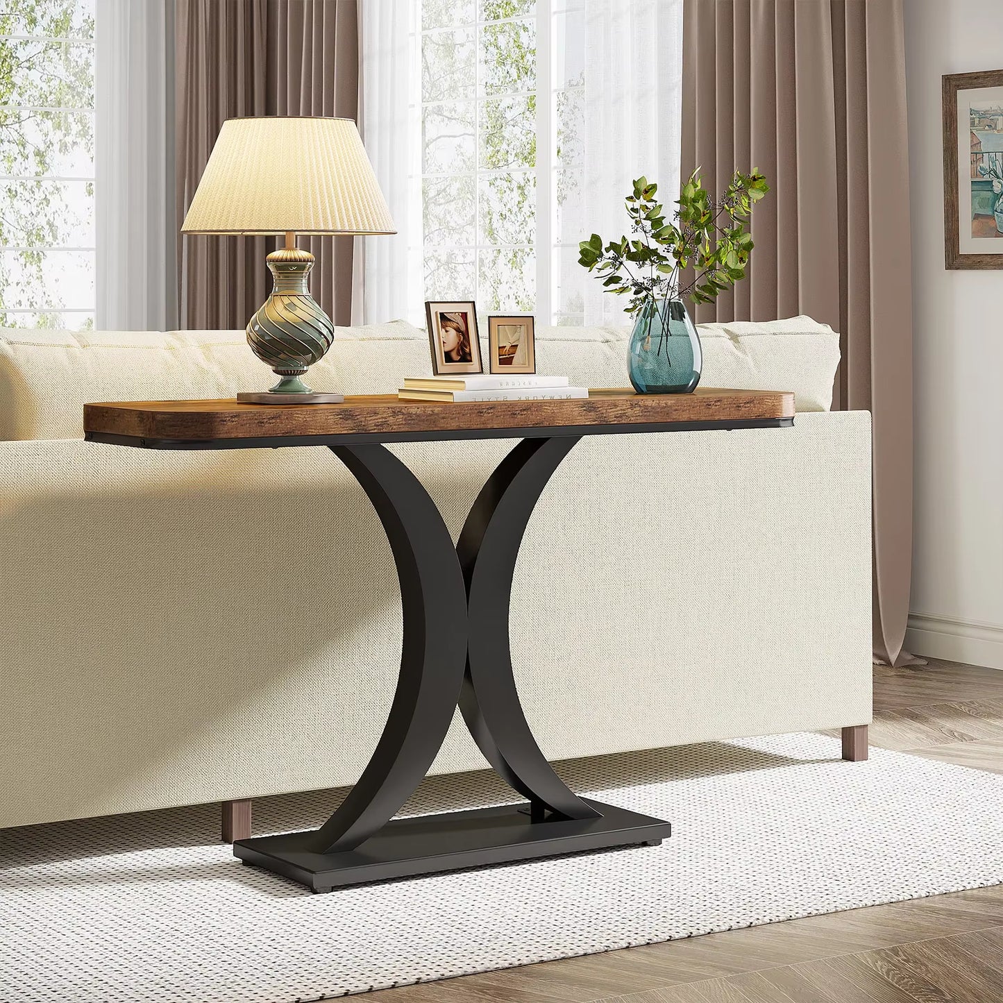 Industrial Console Table, 40 Inch Narrow Entryway Foyer Table with Geometric Base, Rustic Hallway Accent Table