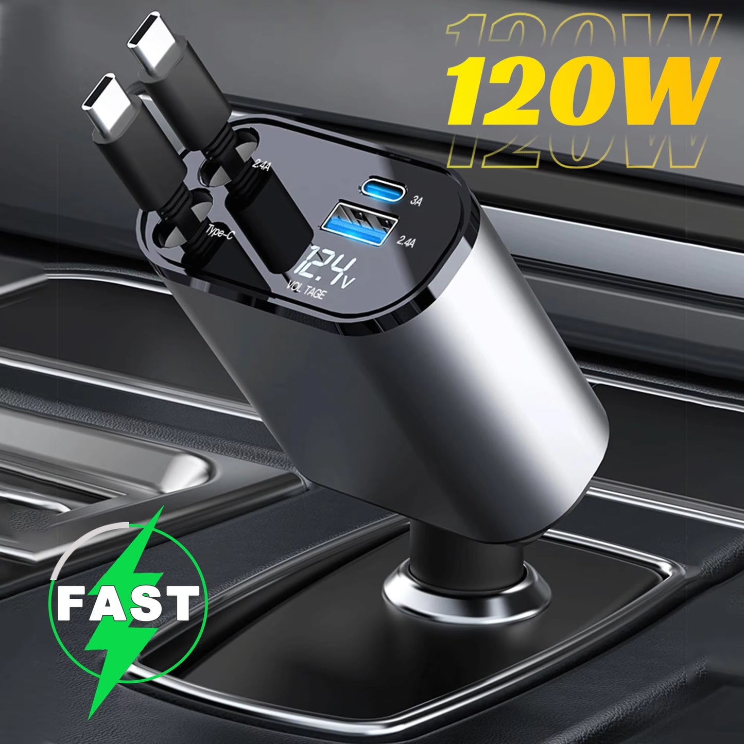 Ultimate 4-in-1 Retractable Car Charger with USB PD Type C Cable for Lightning-Fast iPhone Charging & QC Adapter