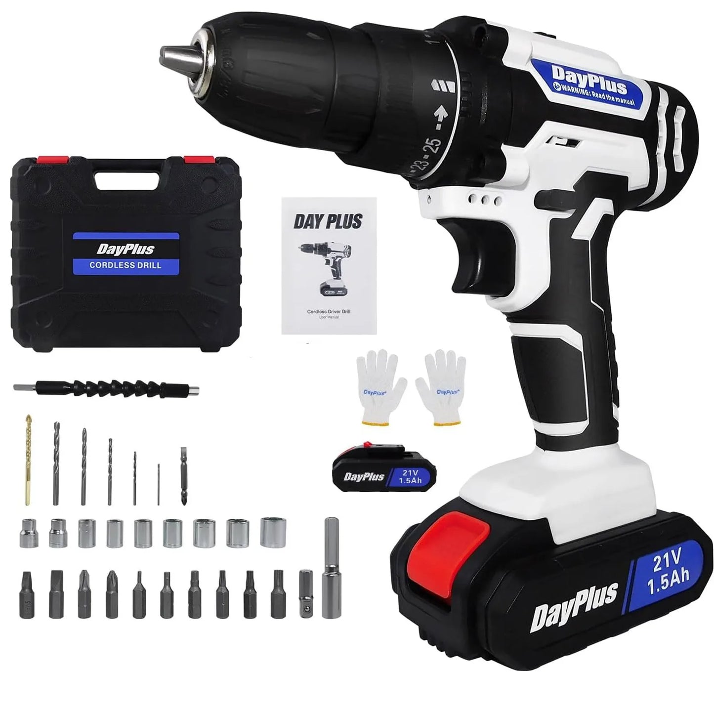 Cordless Drill Driver 21V, Power Tool Electric Screwdriver, 25+1 Torque, 2 Speed, LED Light, Combi Drill Kit for Home and Garden