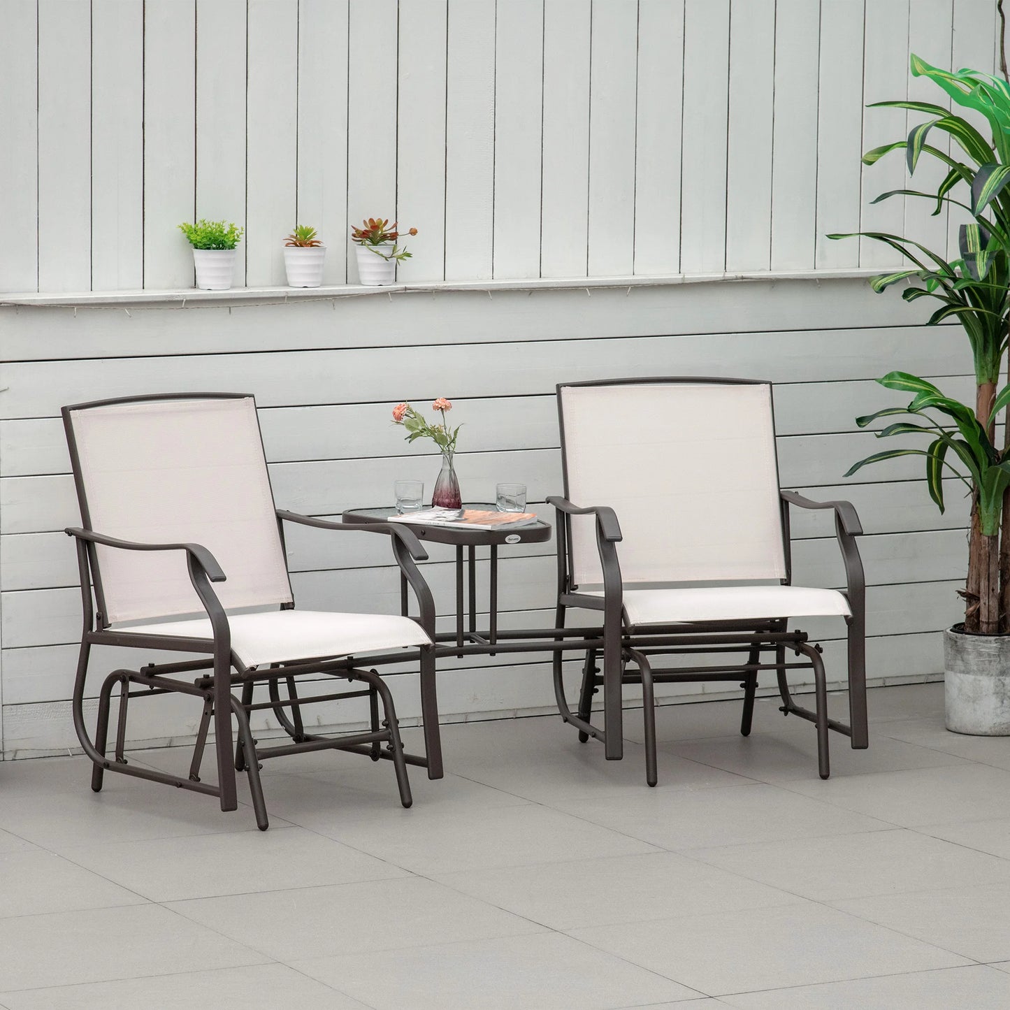 Beige Double Glider Rocking Chairs Loveseat with Garden Table