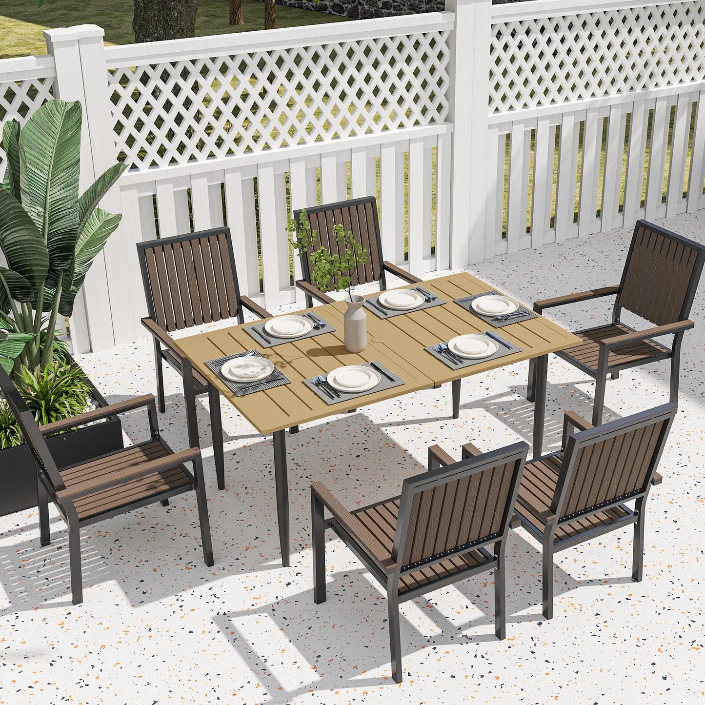 Stylish Brown Garden Dining Table for Six with Convenient Parasol Hole