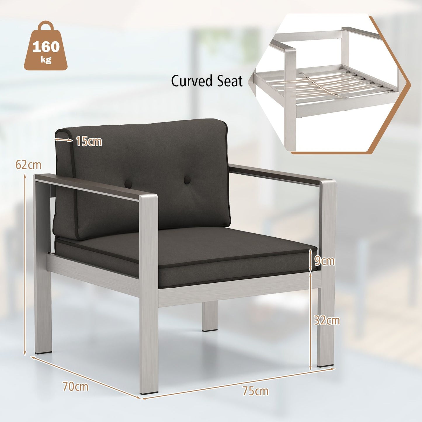 Patio Aluminum Armchair with Cushions Outdoor Sofa Chair