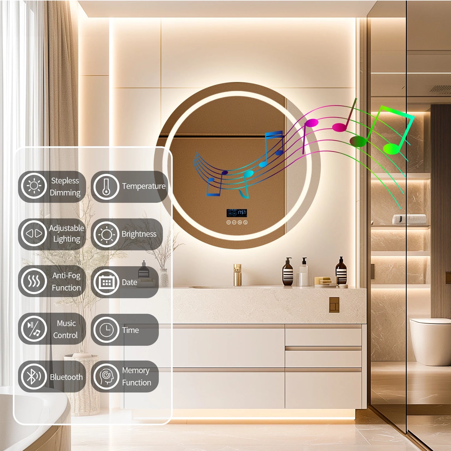 32" x 32" Wall-Mounted LED Bathroom Mirror with Dimmable 3-Color Lighting, Bluetooth Speaker, Anti-Fog Feature, and Memory Function