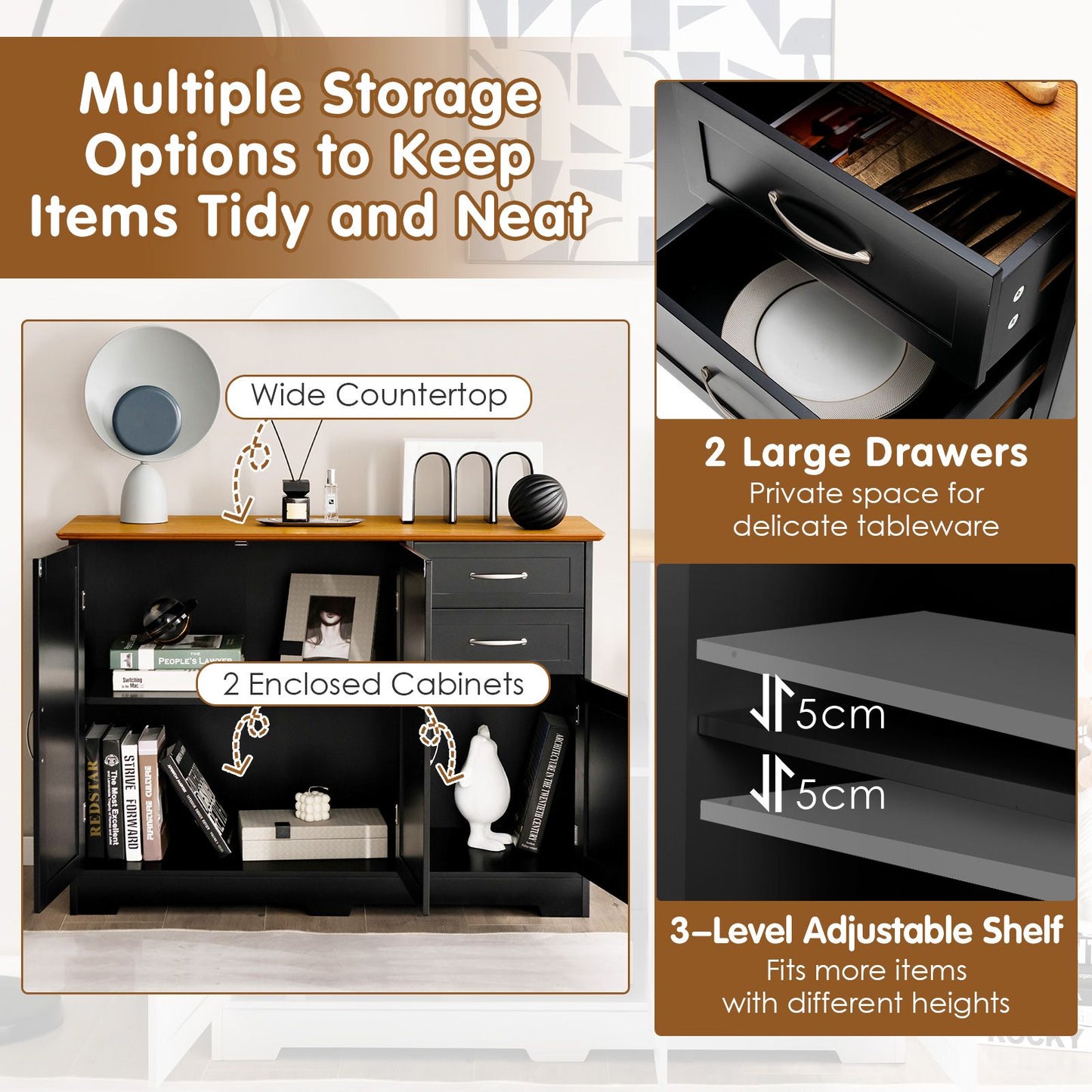 Modern Kitchen Storage Sideboard Cabinet with Adjustable Shelf and Drawers