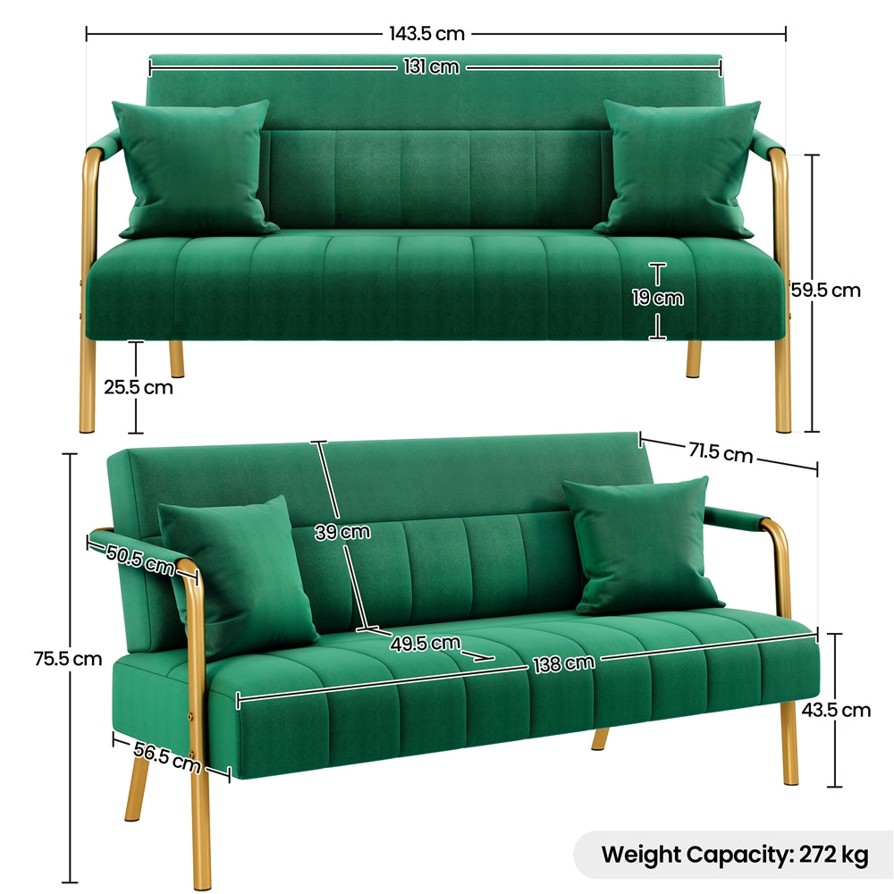 Sofa Couch Modern Velvet 143cm Loveseat with Gold-tone Metal Arms & Legs, Upholstered Design, Includes 2 Pillows