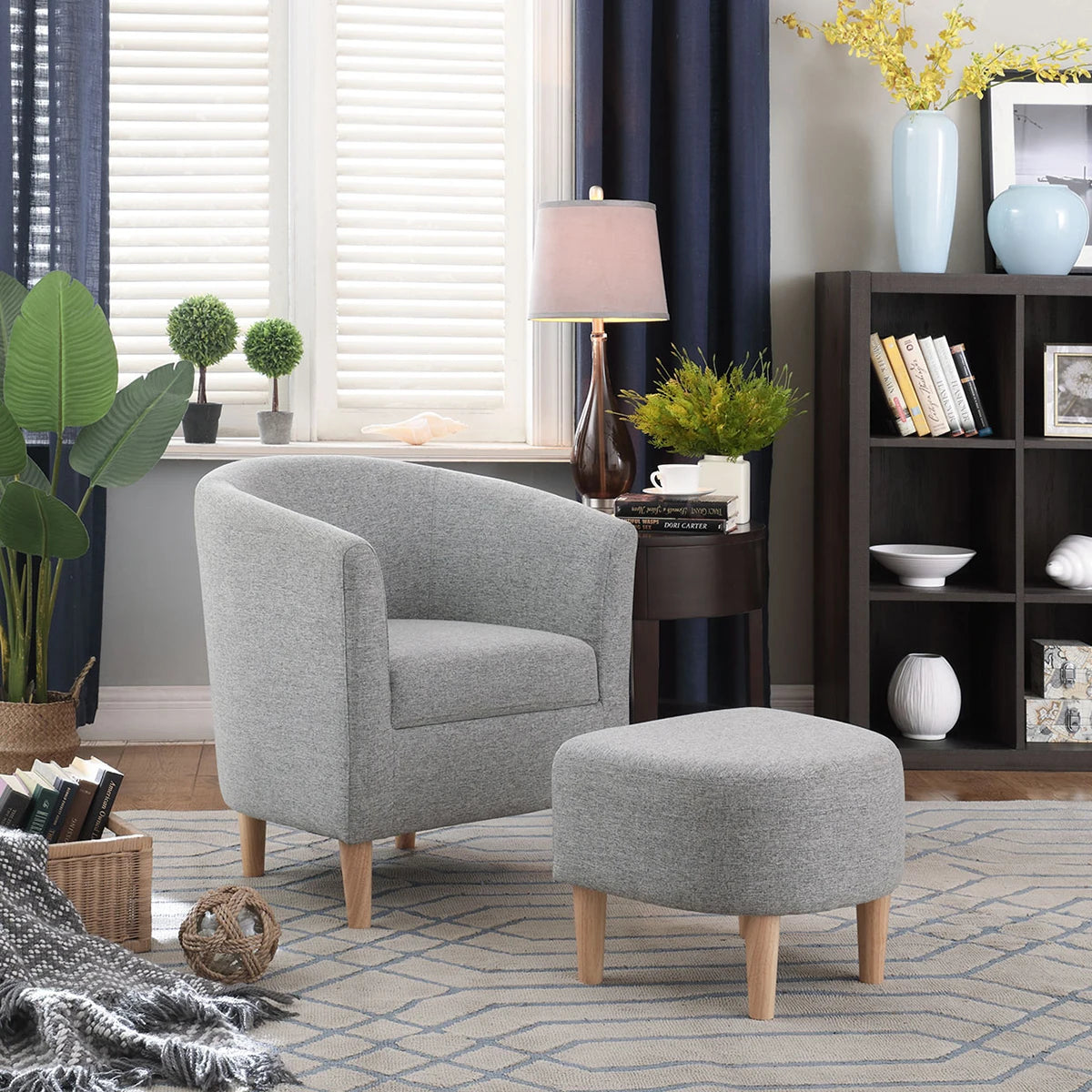 Bucket Chair Snuggle Boucle Arm Chair with Footstool for Bedroom Single Sofa Comfy Accent Tub Chairs Armchair for Livng Room