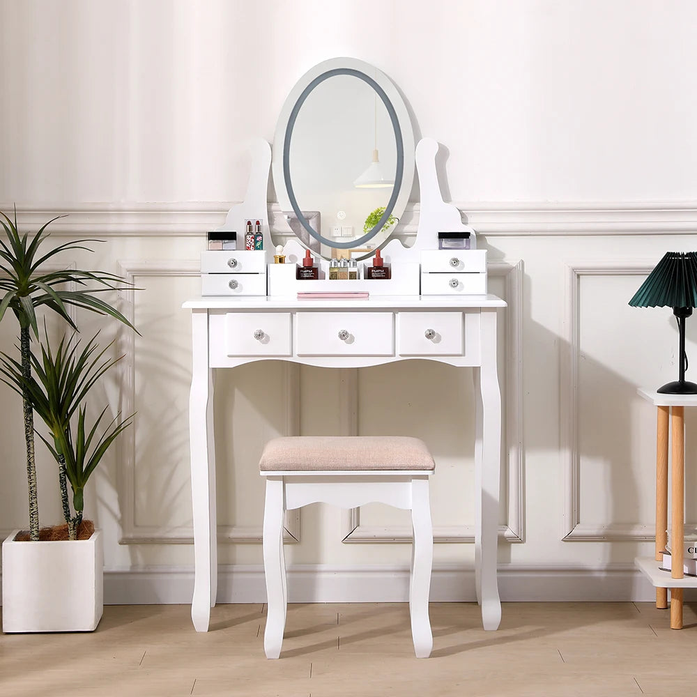 Modern Vanity Makeup Table and Cushioned Stool Set with 7 Drawers