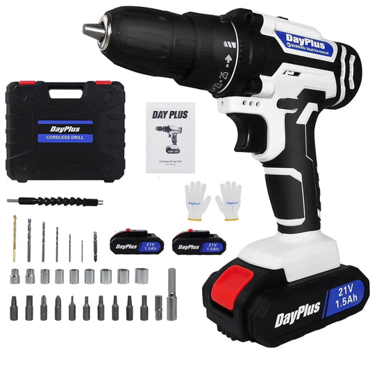 Cordless Drill Driver 21V, Power Tool Electric Screwdriver, 25+1 Torque, 2 Speed, LED Light, Combi Drill Kit for Home and Garden