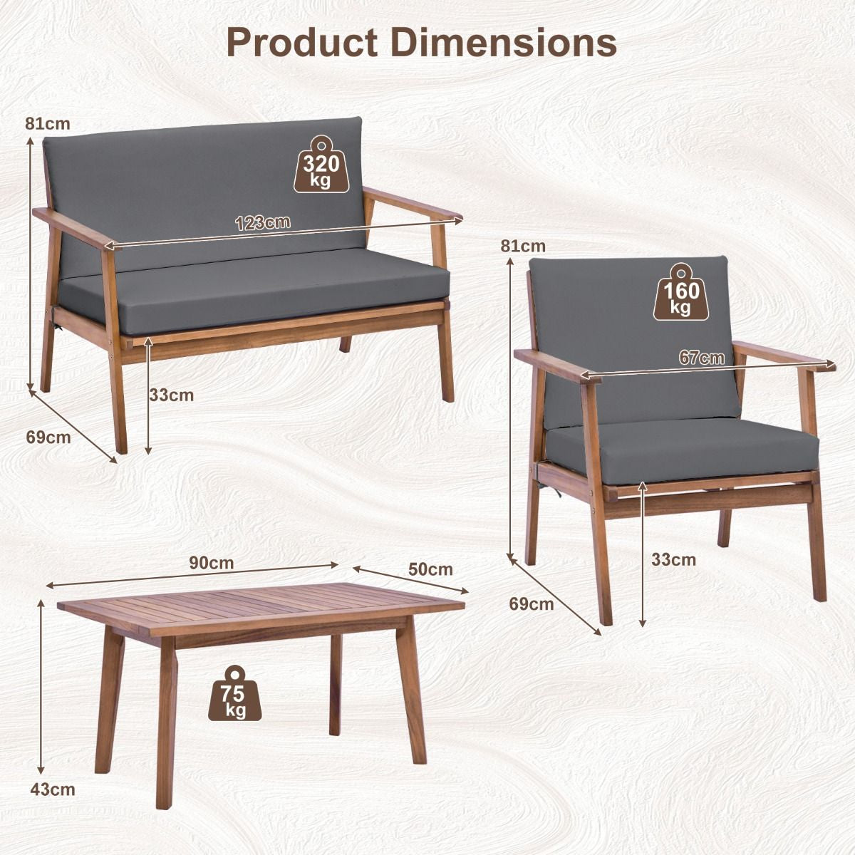 4 Piece Outdoor Conversation Set with Soft Seat and Back Cushions