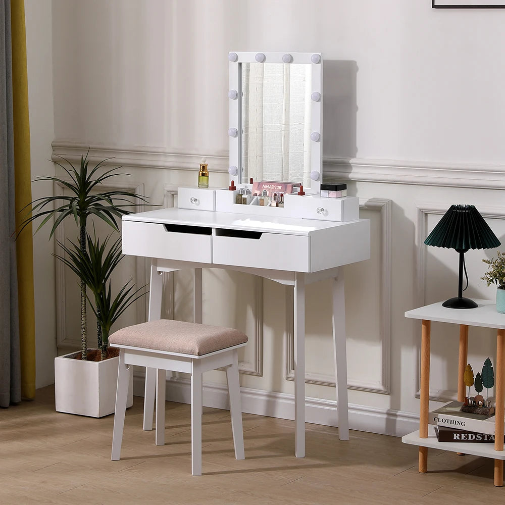 Modern Vanity Makeup Table and Cushioned Stool Set with 4 Drawers, White