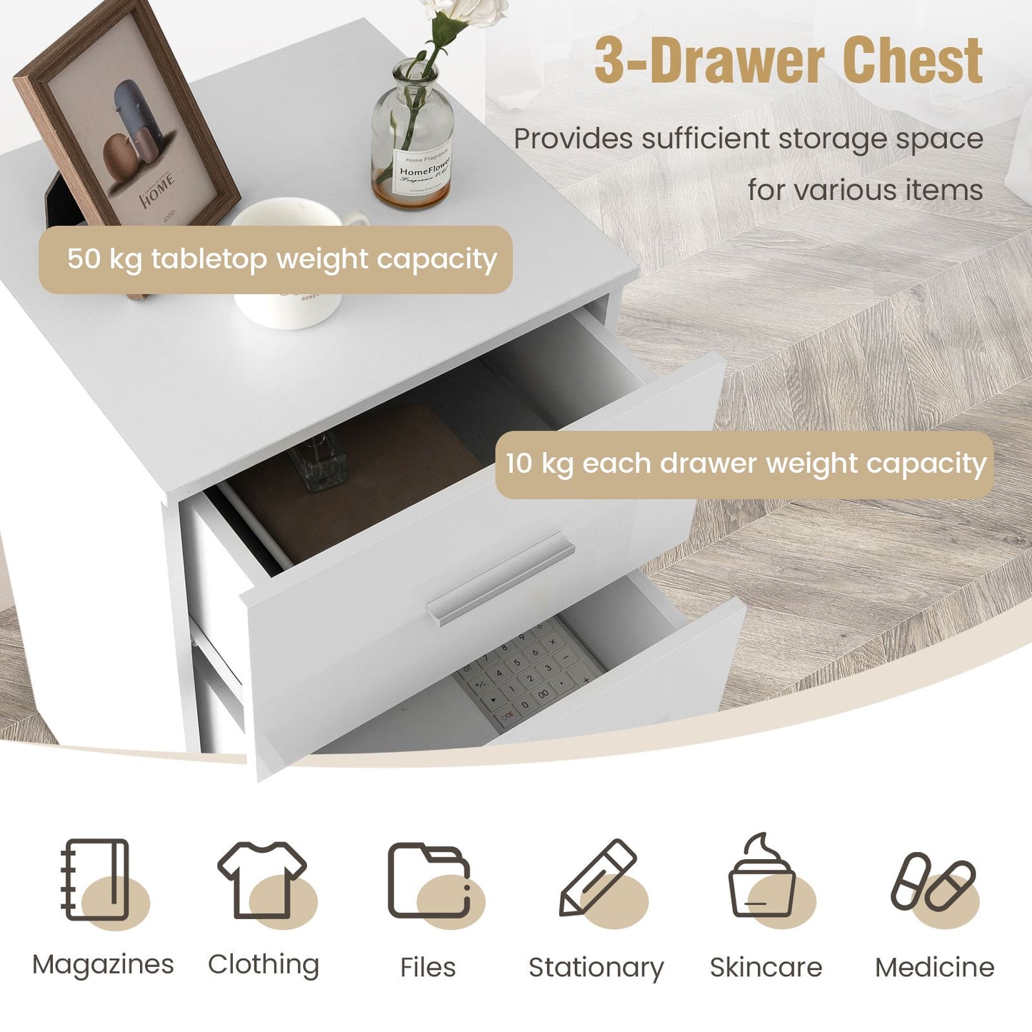 3-Drawer Wooden Dresser Cabinet with Anti-Toppling Device