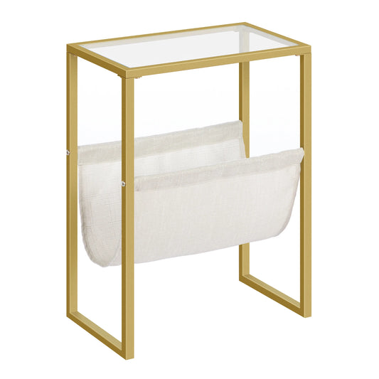 Narrow Side Table Tempered Glass End Table with Fabric Magazine Sling Small Coffee Accent Table Bedside Table Living Room