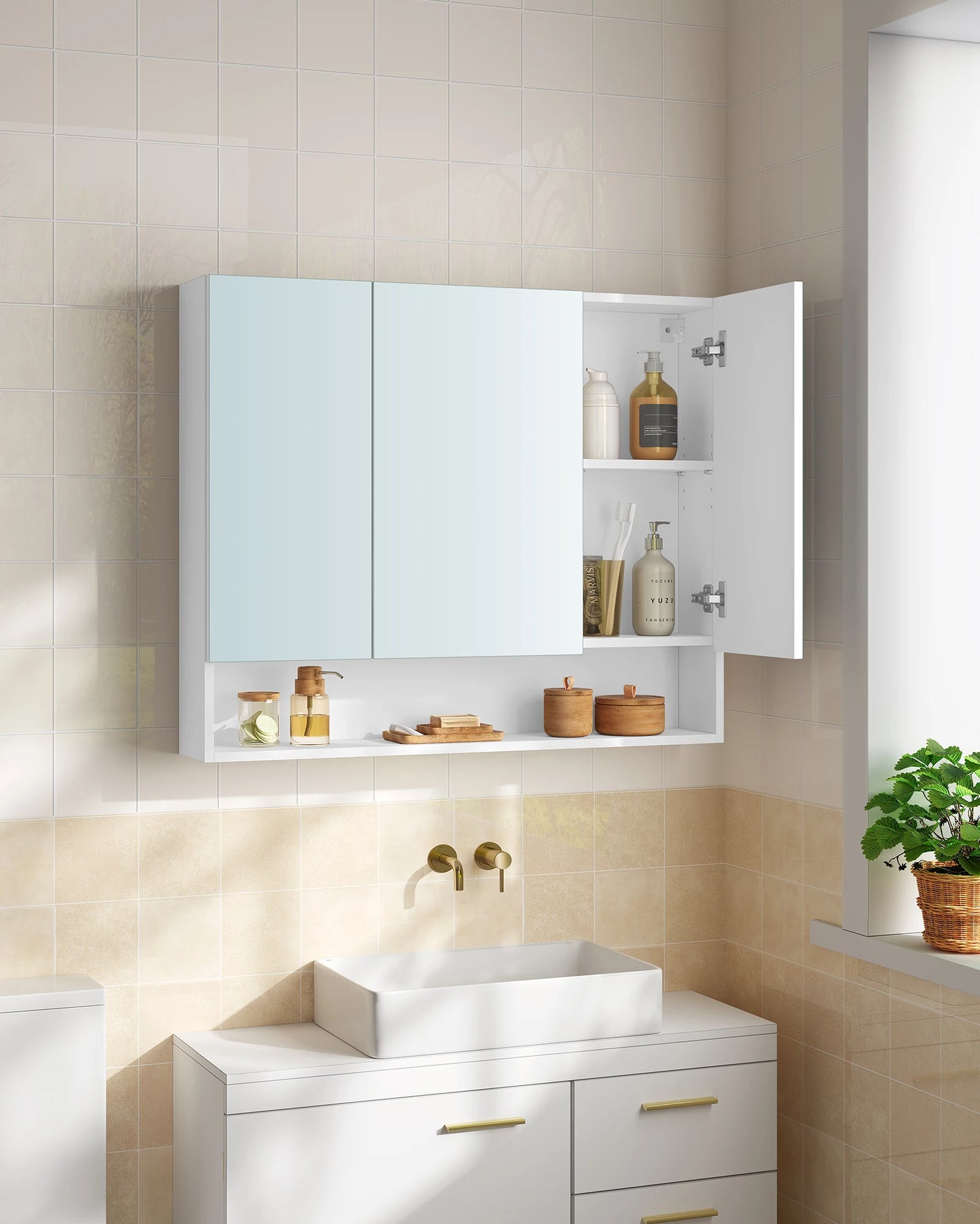 Bathroom Mirror Cabinet, Bathroom Cabinet with Mirror, Wall Mirror Cabinet, Open Compartment, Adjustable Shelves