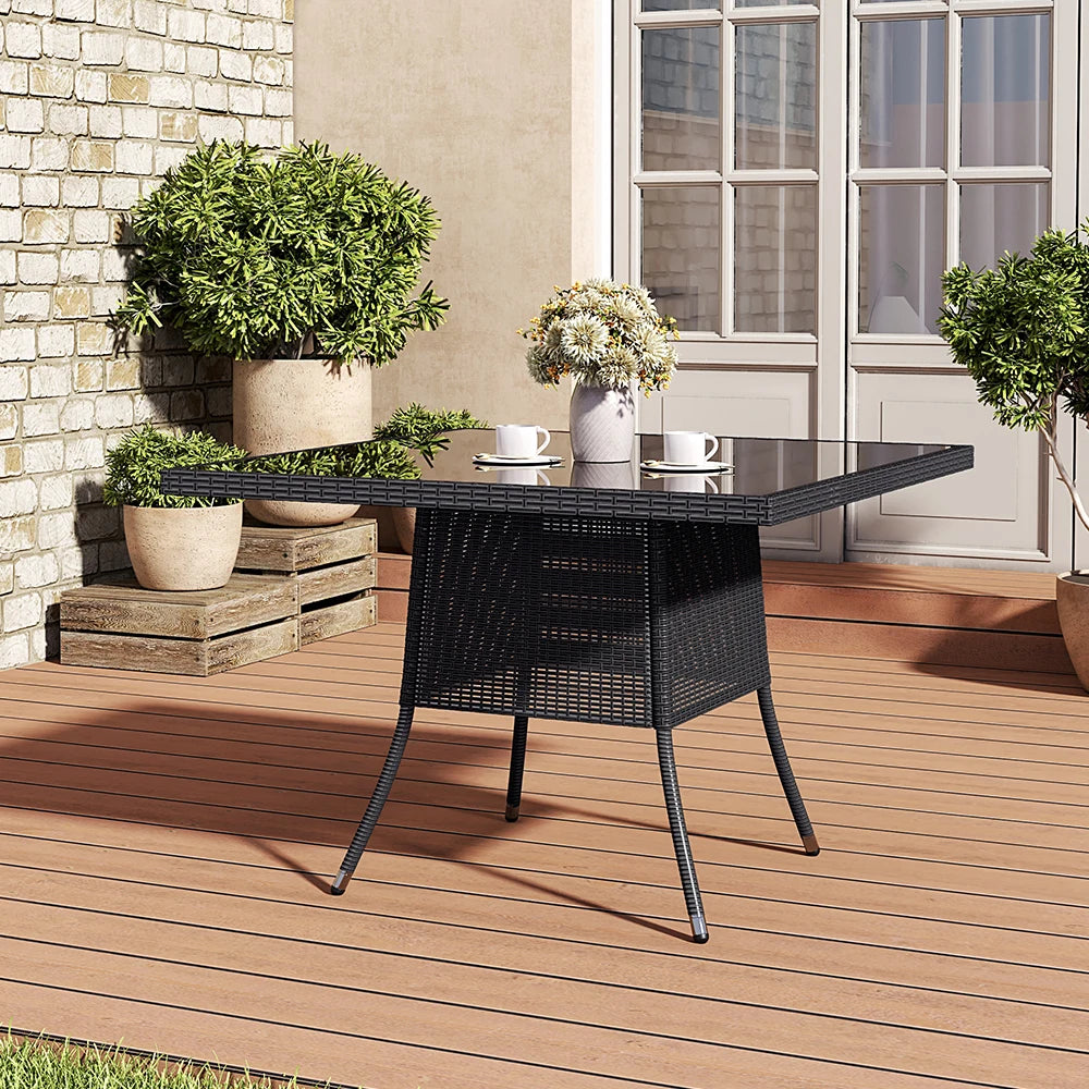 Garden Wicker Table with Tempered Glass and Parasol Hole