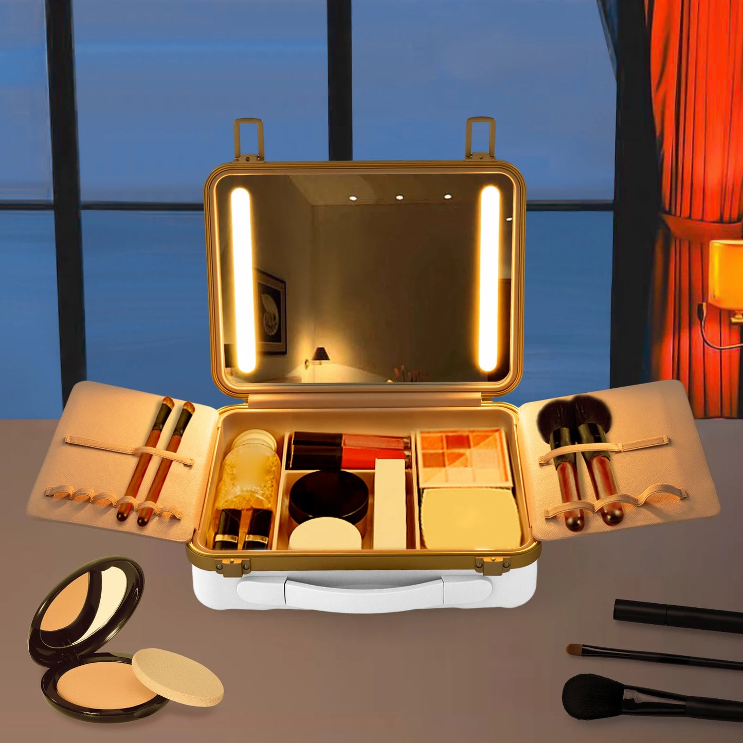 Travel Makeup Case with LED Mirror, Comfortable Handle, Portable Battery Powered Makeup Storage Box