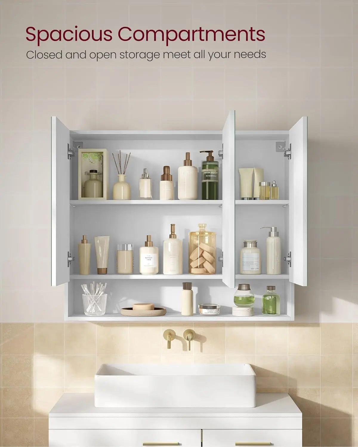 Bathroom Mirror Cabinet, Bathroom Cabinet with Mirror, Wall Mirror Cabinet, Open Compartment, Adjustable Shelves