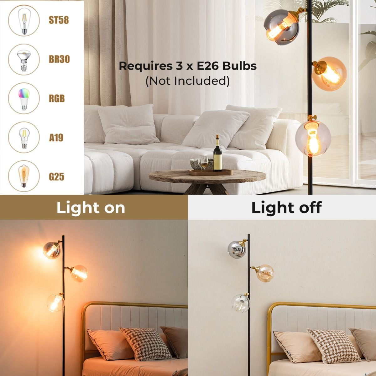 Modern Freestanding Lamp with 3 Glass Globe Lampshades