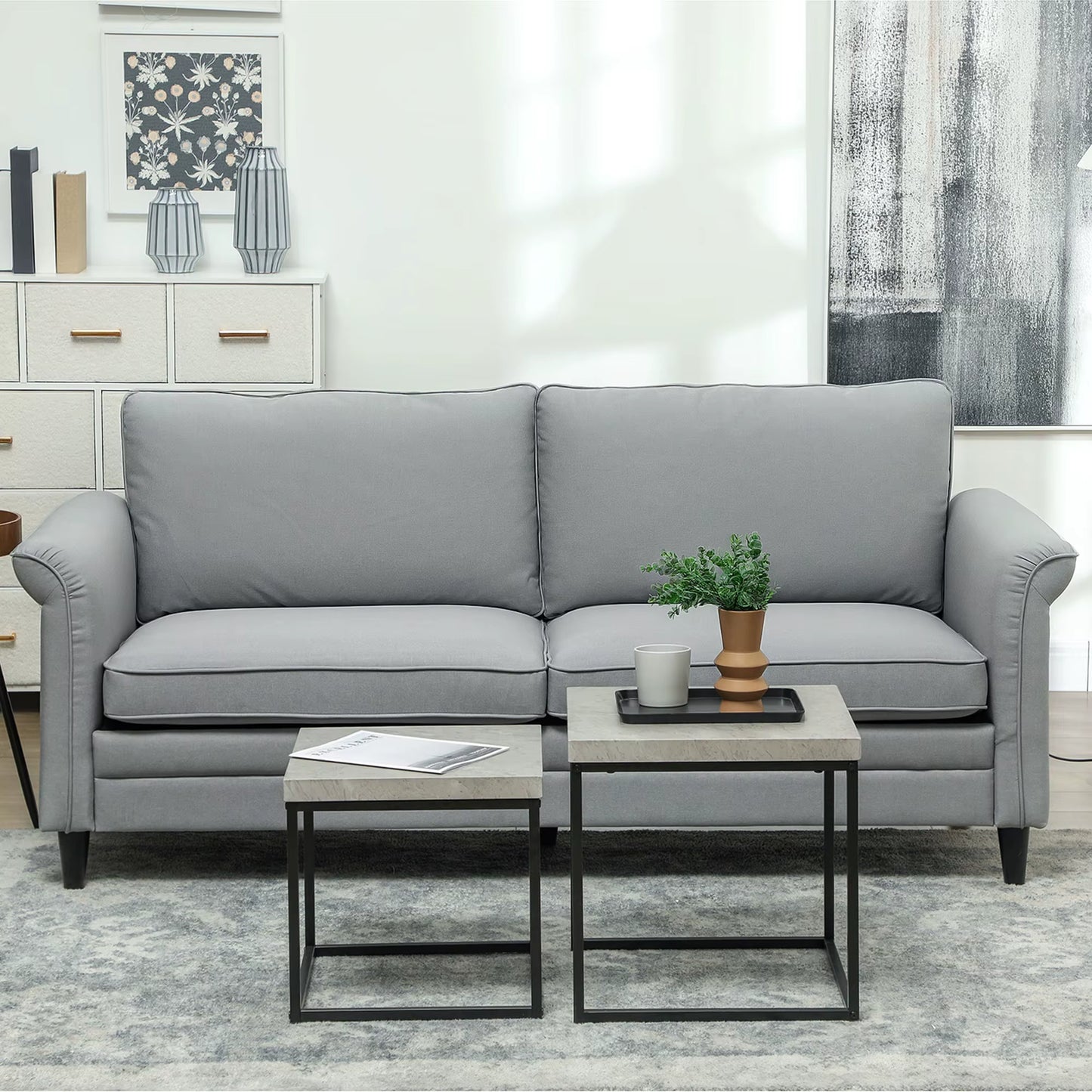 Modern 3 Seater Sofa for Living Room, Fabric Couch Settee, Grey