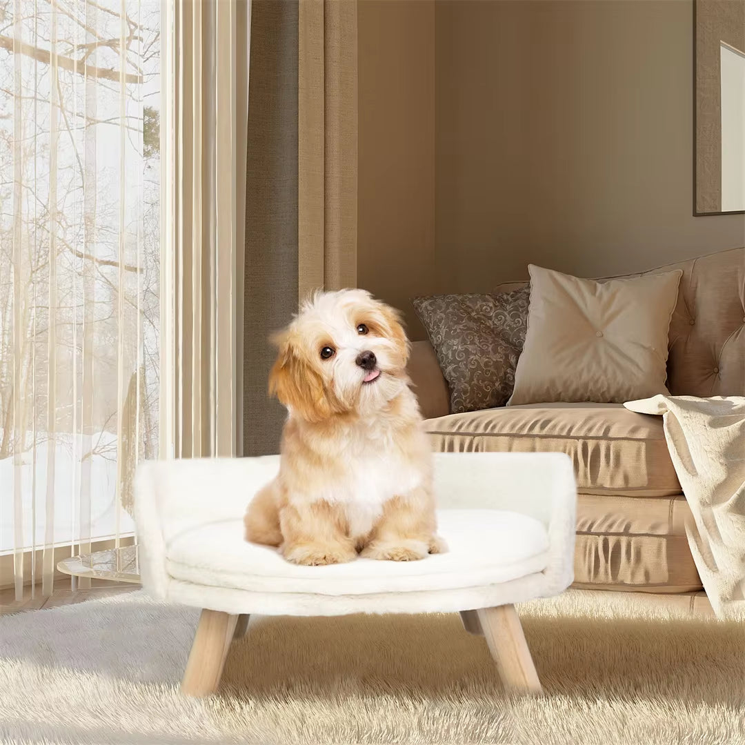 Luxurious Plush Cat Bed with Stylish Wooden Legs & Easy-Clean Waterproof Cushion for Small Pets