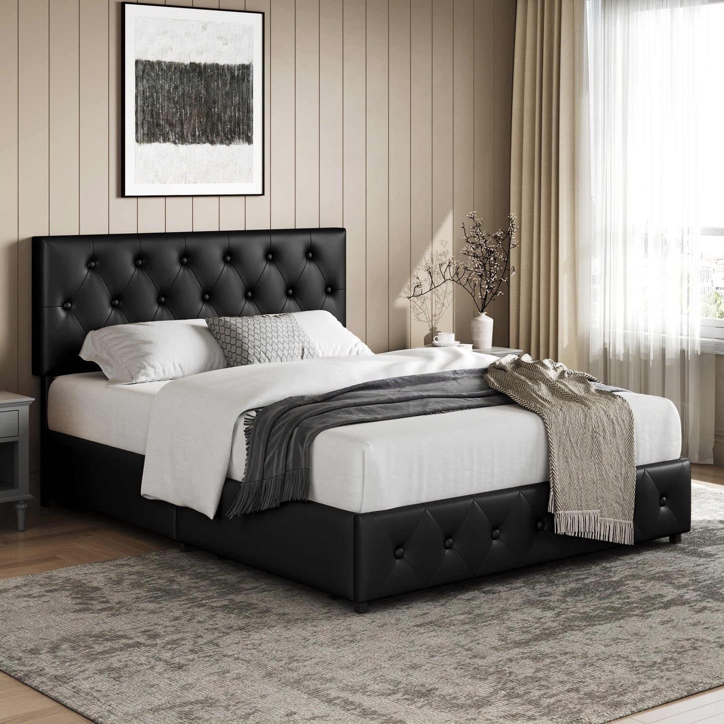 Upholstered Bed Frame with Large Pull-Out Drawers Storage & Height-Adjustable Headboard, Faux Leather
