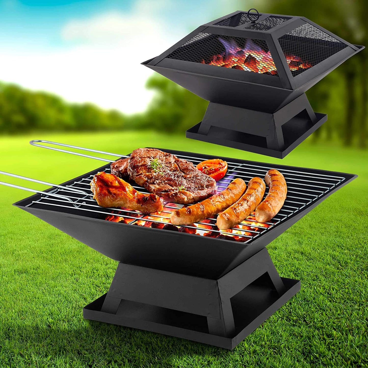 2in1 Square Fire Pit with BBQ Grill Heater Outdoor Black Perfect For Camping or Picnics