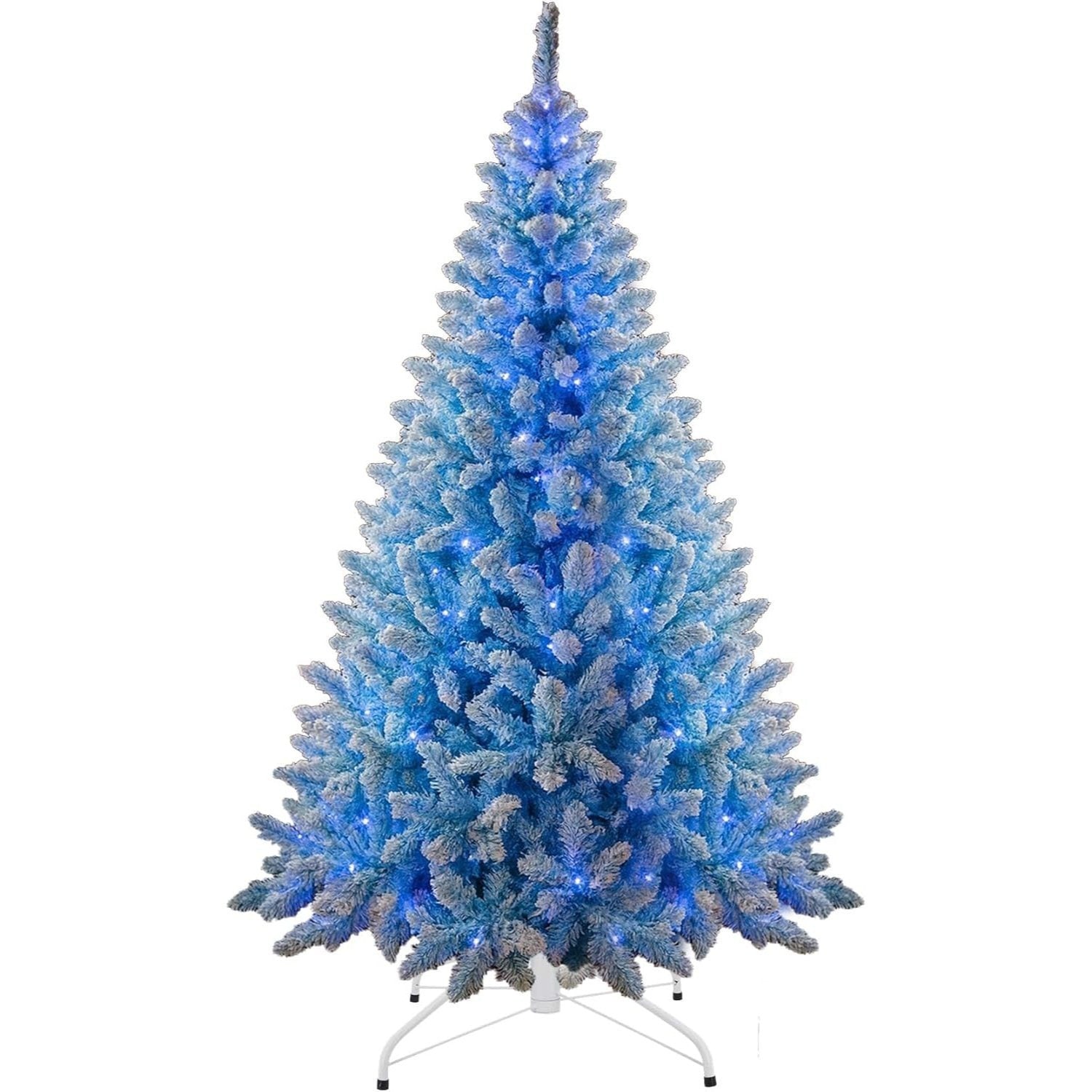 4Ft-8Ft Christmas Tree Prelit Flocked Blue LED Lights Multifunction, Snow Dusted Artificial Pine Foldable Metal Stand Tips Hinged Branches