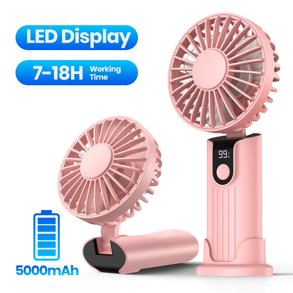 Portable Handheld Fan 5000Mah USB Rechargeable Foldable Fan 3 in 1 Personal Travel Fan with Digital Display Desk Fan